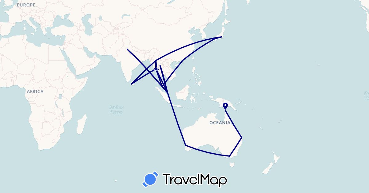 TravelMap itinerary: driving in Australia, China, India, Japan, Sri Lanka, Myanmar (Burma), Malaysia, Singapore, Thailand (Asia, Oceania)
