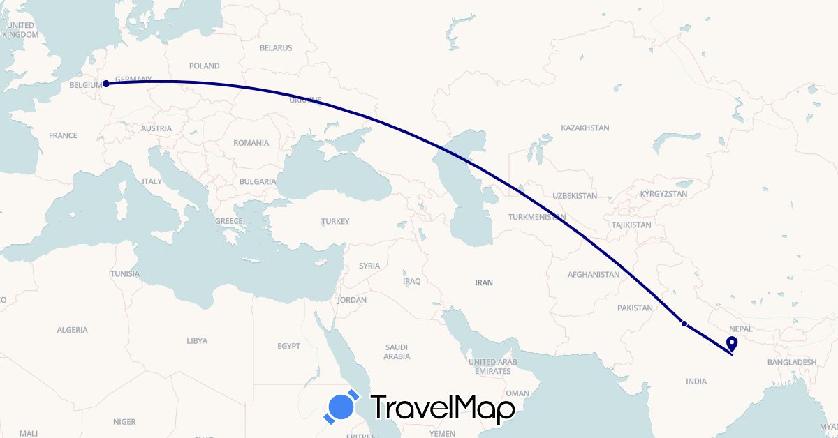TravelMap itinerary: driving in Germany, India (Asia, Europe)