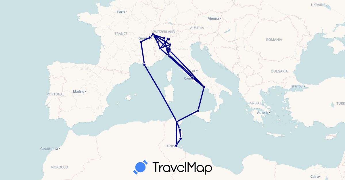 TravelMap itinerary: driving in Switzerland, France, Italy, Tunisia (Africa, Europe)